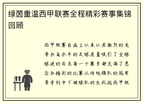绿茵重温西甲联赛全程精彩赛事集锦回顾